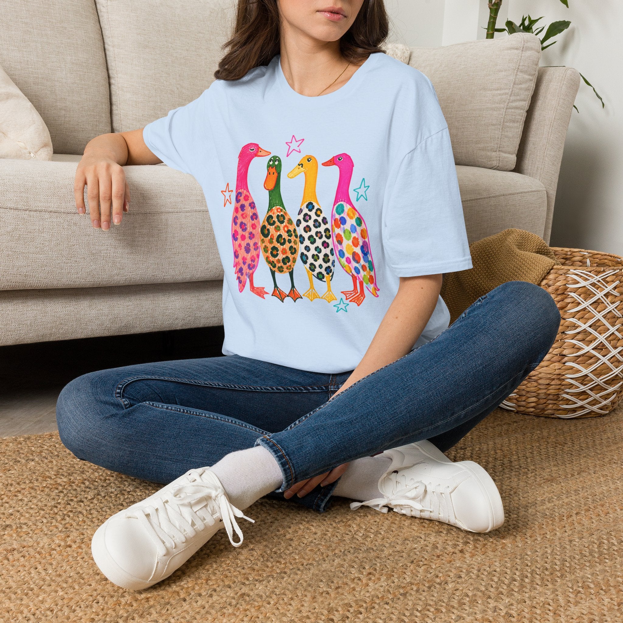 Colorful Patterned Ducks T-Shirt — Whimsical Rainbow Duck Graphic Tee