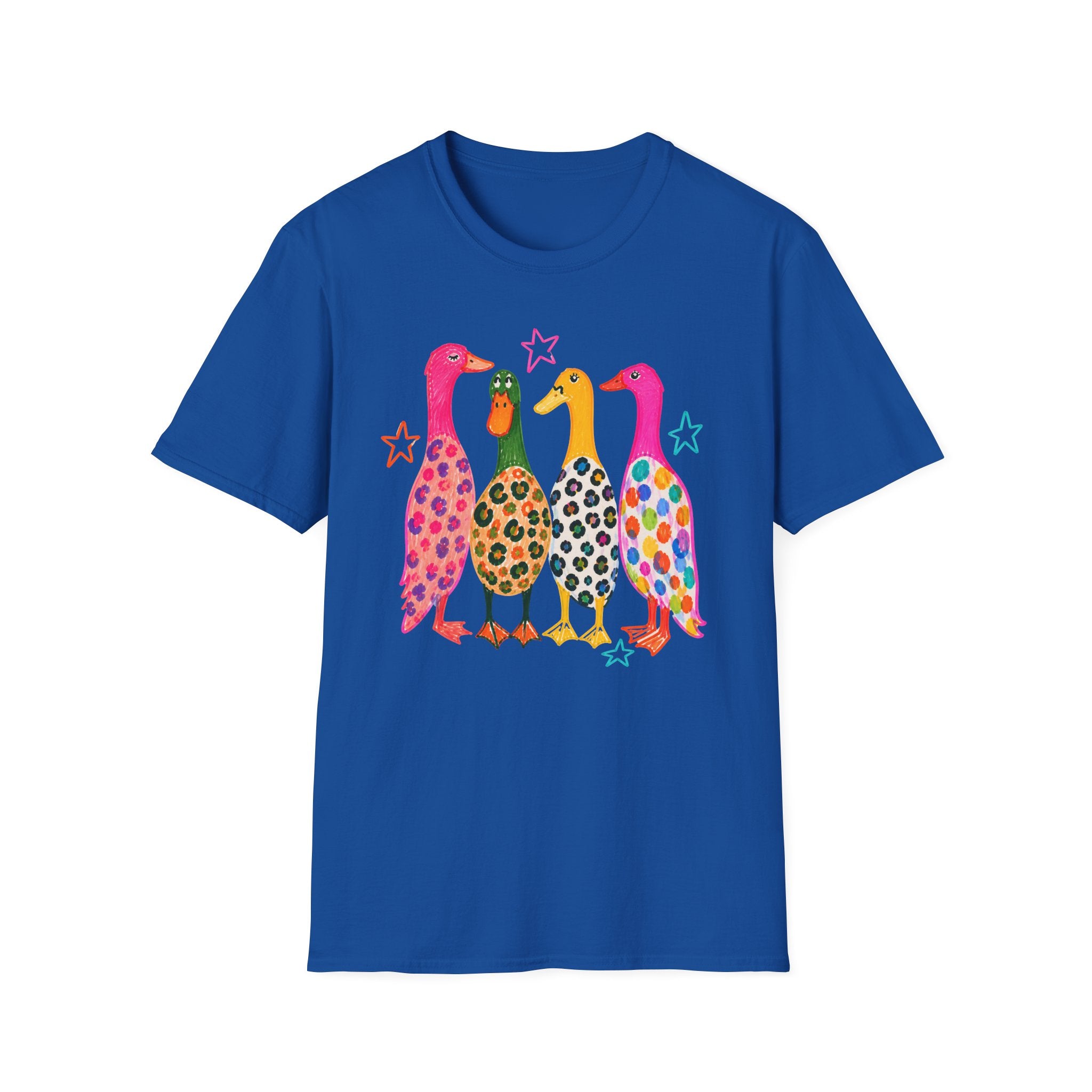 Colorful Patterned Ducks T-Shirt — Whimsical Rainbow Duck Graphic Tee