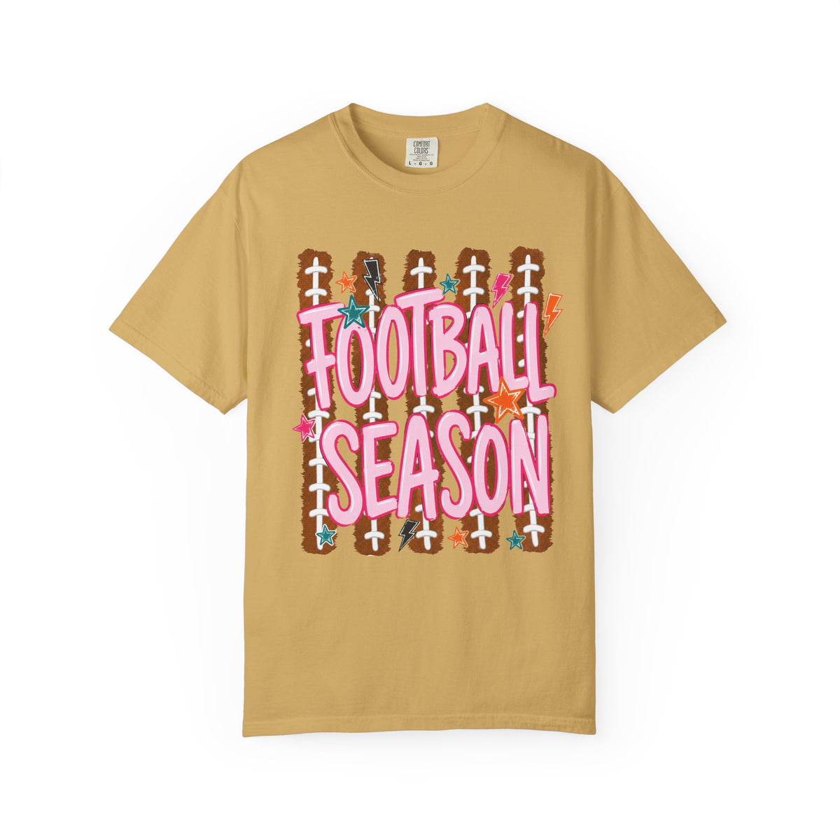 Football Season T-Shirt — Playful Pink Script on Football Field Graphic