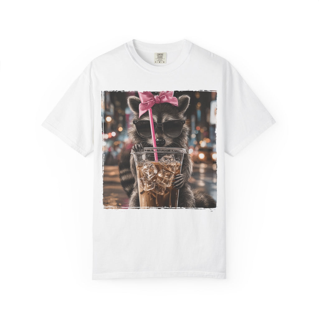 Raccoon Drinking Iced Coffee T-Shirt – Cute Nighttime City Vibe