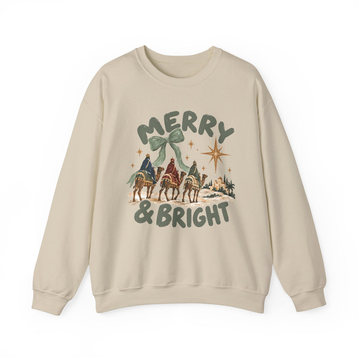 Merry & Bright Crewneck Sweatshirt — Vintage Camel Nativity Holiday Pullover