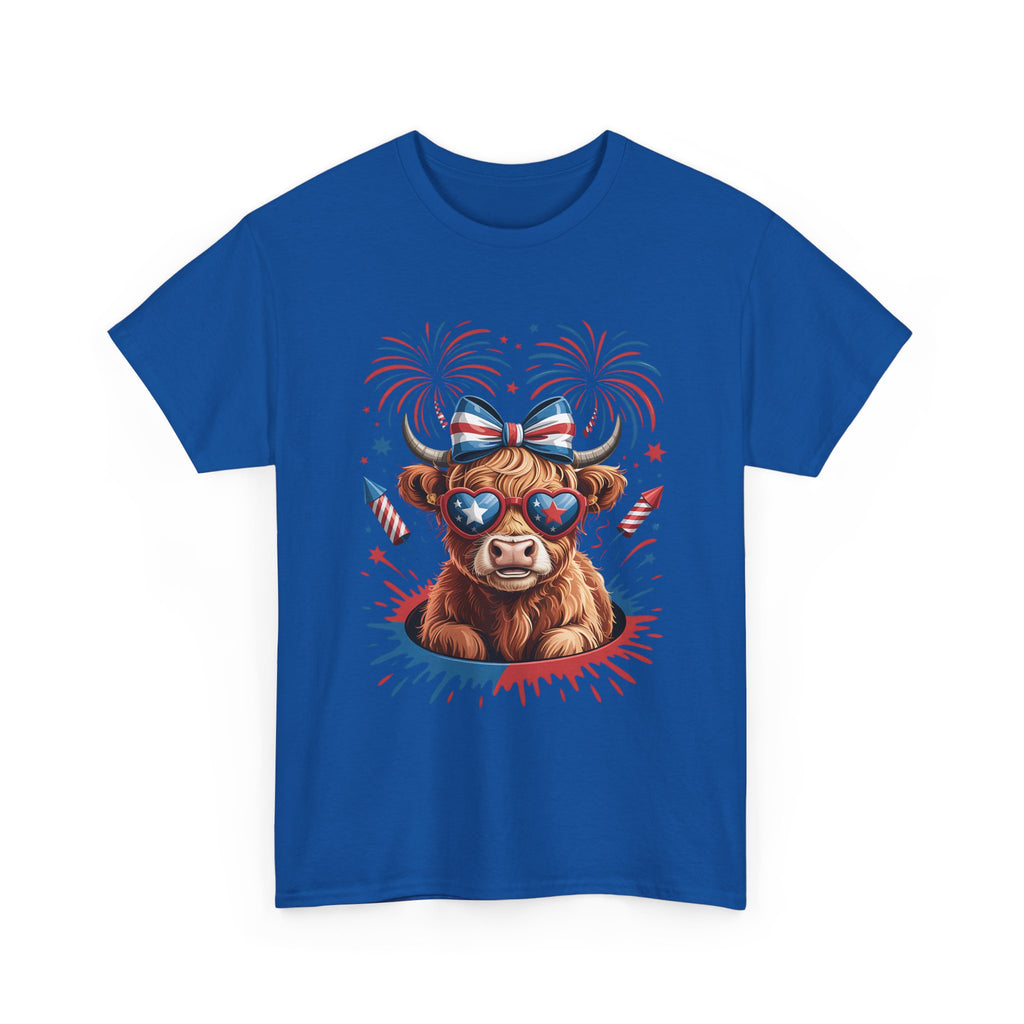 Cow with Sunglasses Patriotic T-Shirt — 4th of July Fireworks Tee