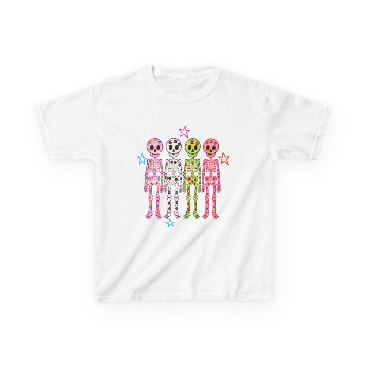 Kids Tee — Colorful Smiley Skeletons Graphic Shirt (Playful Star Design)