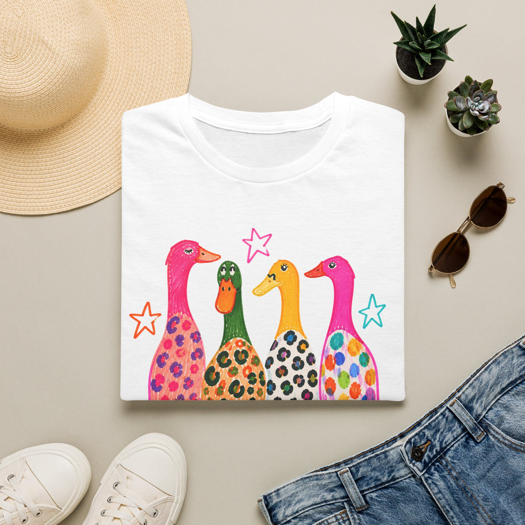 Colorful Patterned Ducks T-Shirt — Whimsical Rainbow Duck Graphic Tee