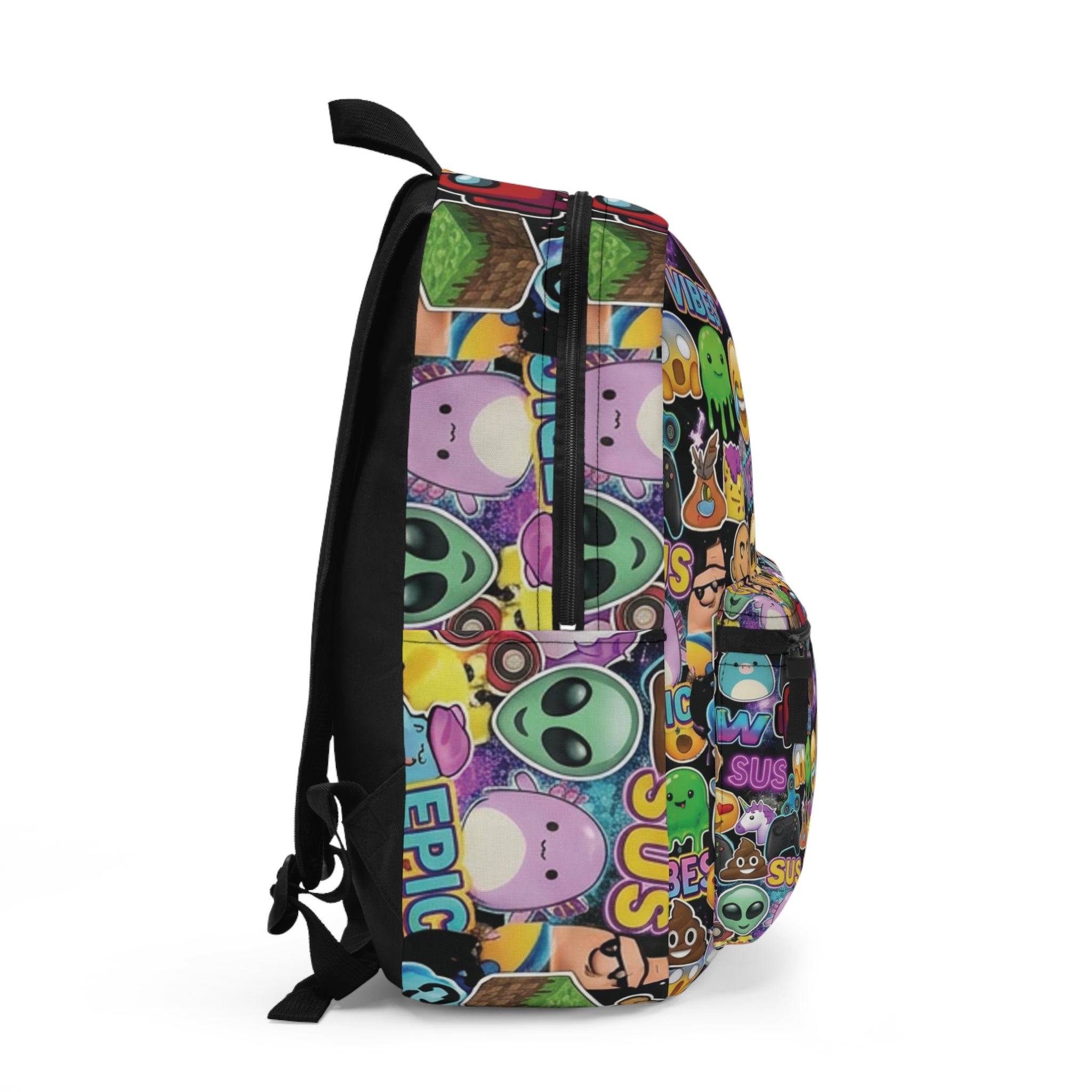 Emoji Collage Backpack — Colorful 'Vibes Sus Yeet' Kids School Bag
