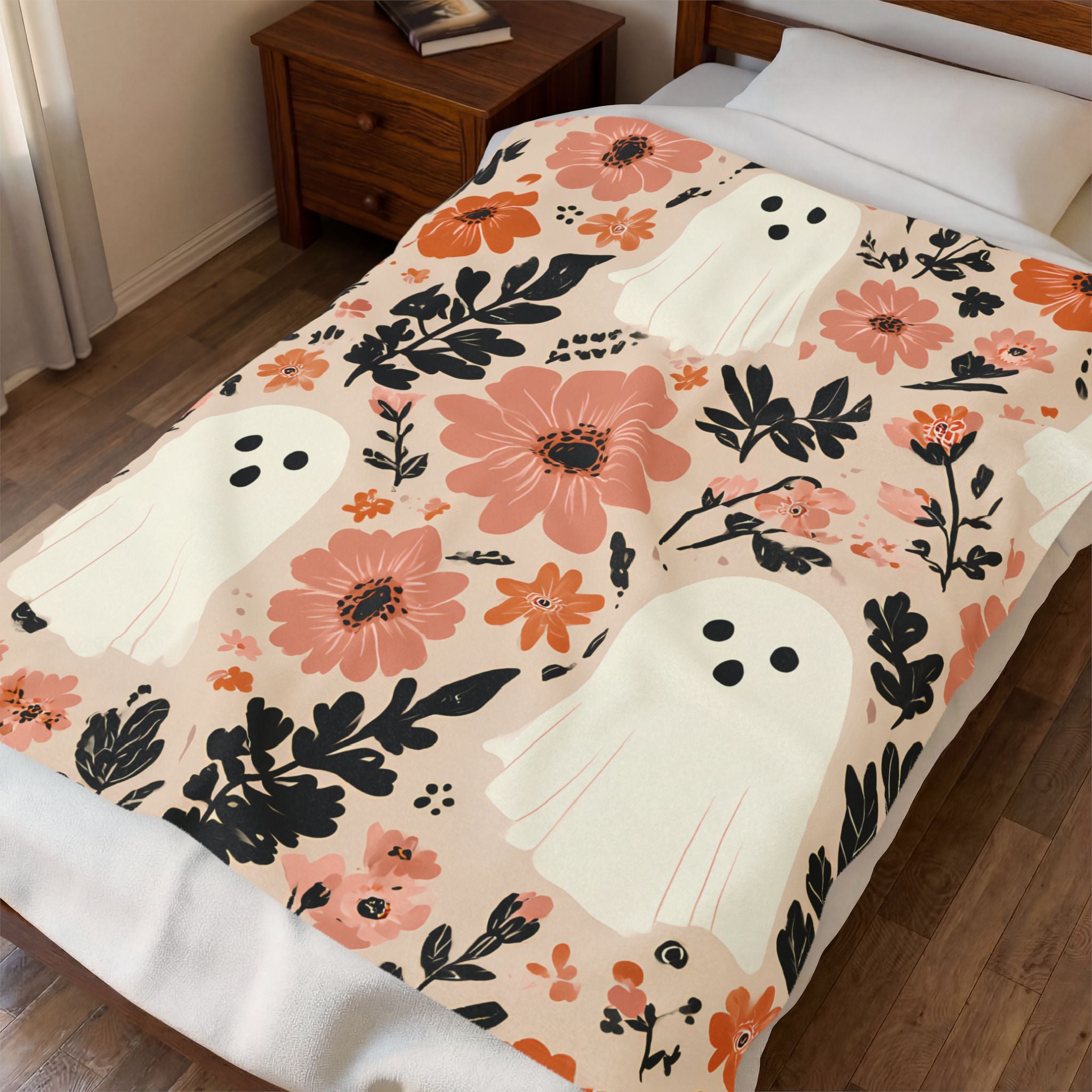 Halloween Ghost Floral Velveteen Plush Blanket — Cozy Pink & Ivory Throw