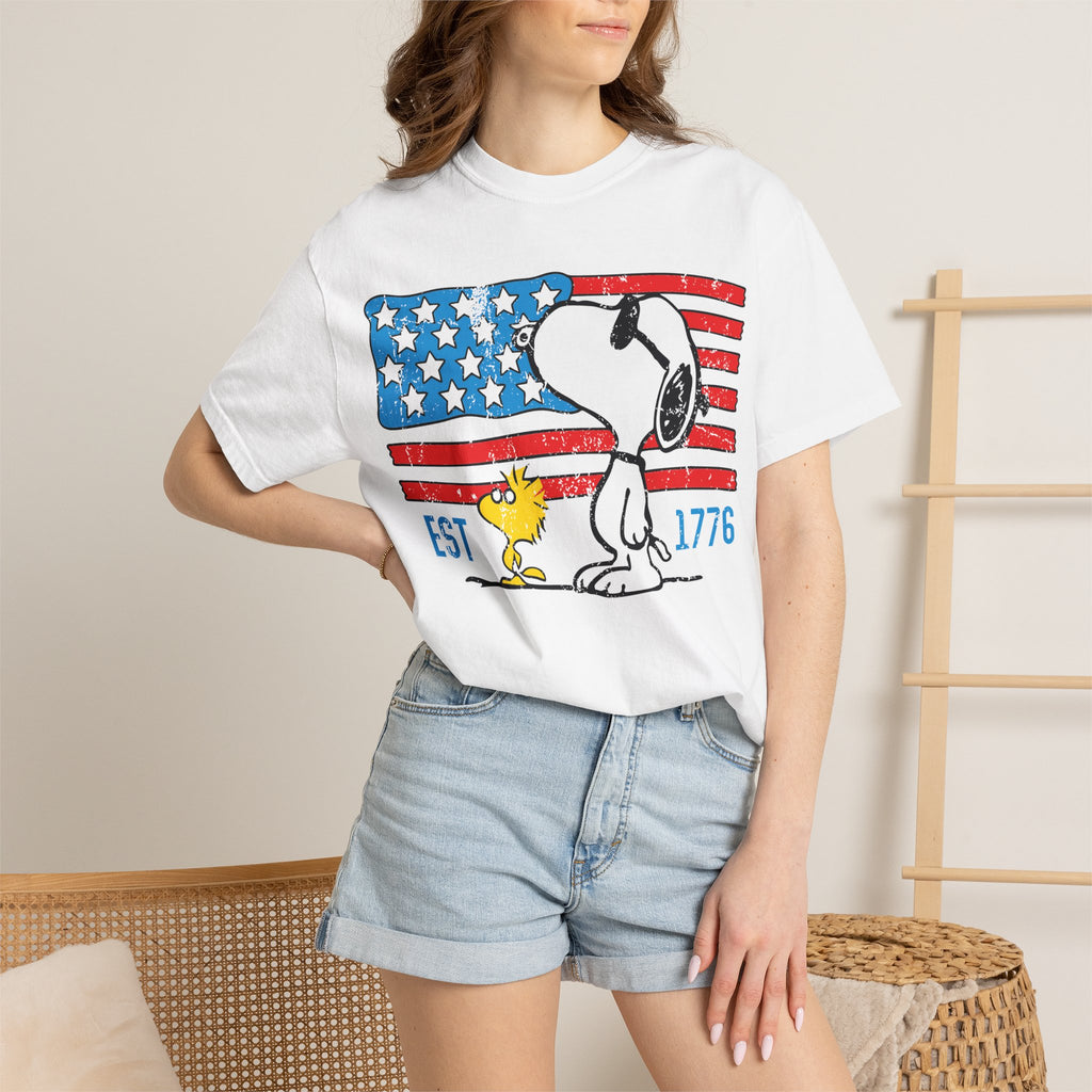 Snoopy & Woodstock American Flag T-Shirt — EST 1776 Patriotic Tee