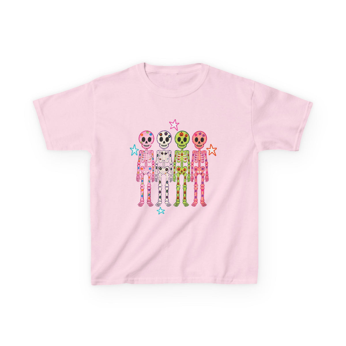Kids Tee — Colorful Smiley Skeletons Graphic Shirt (Playful Star Design)