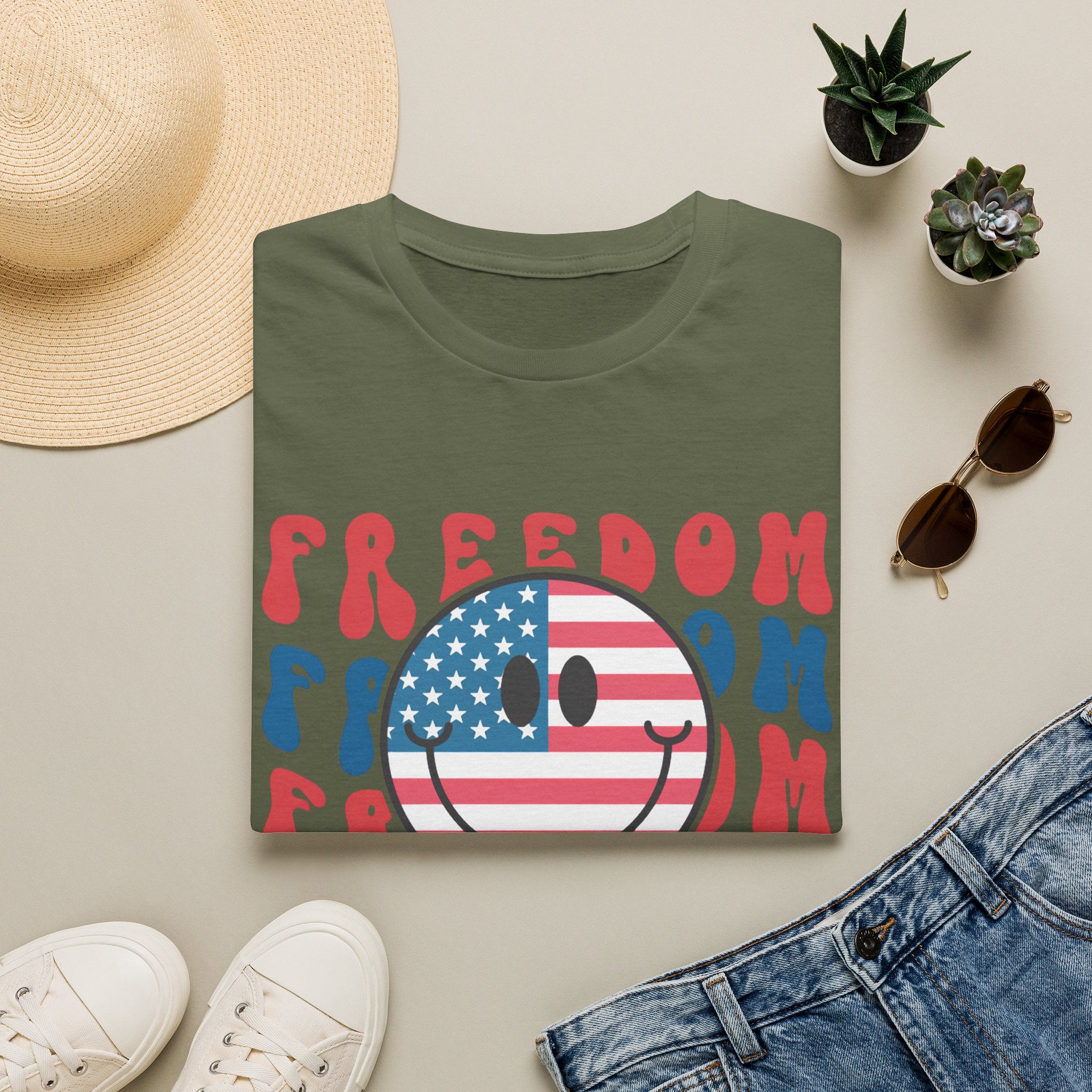 Freedom Smiley T-Shirt — American Flag Retro Graphic Tee for 4th of July