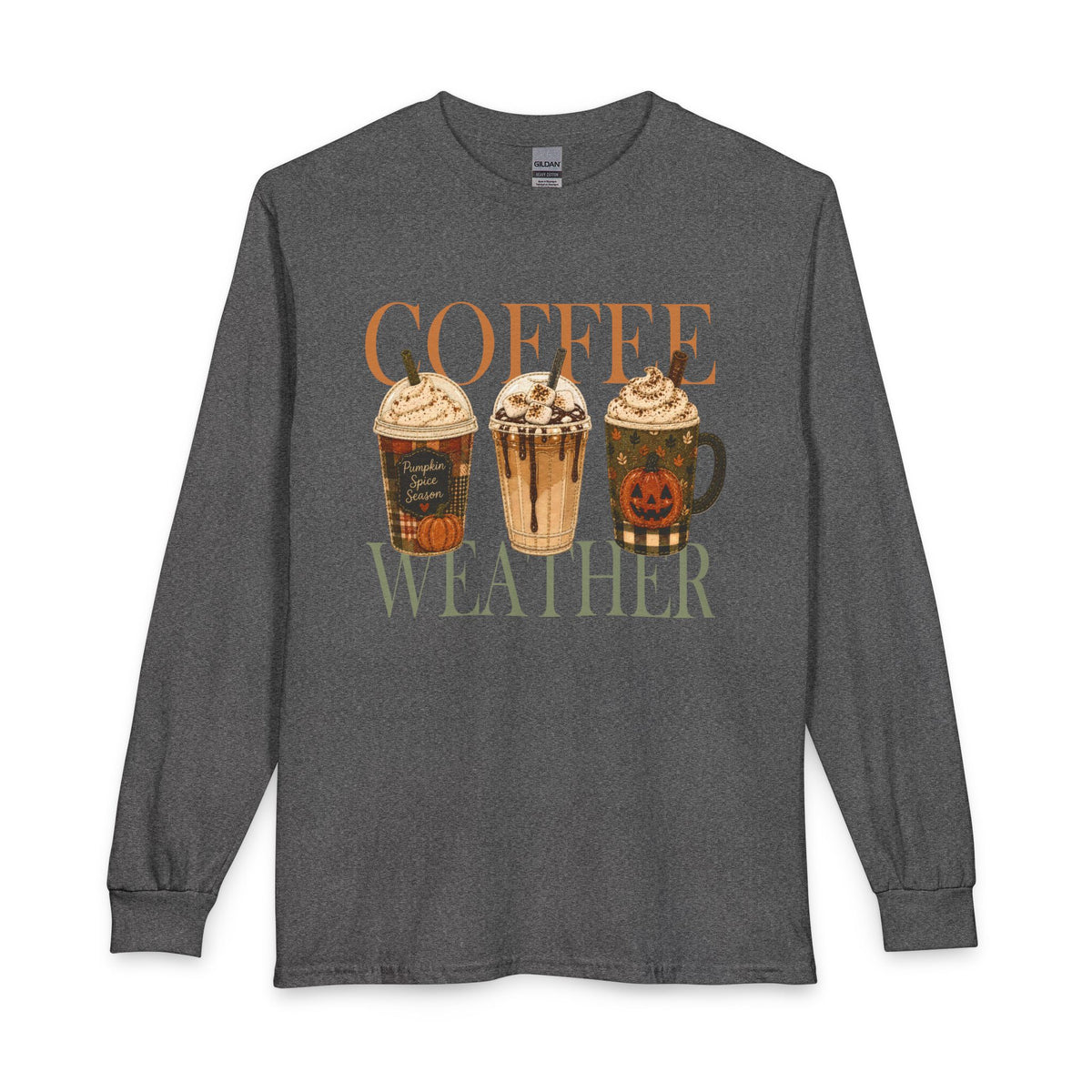 Coffee Weather Long Sleeve Tee — Fall Pumpkin Spice Coffee Design