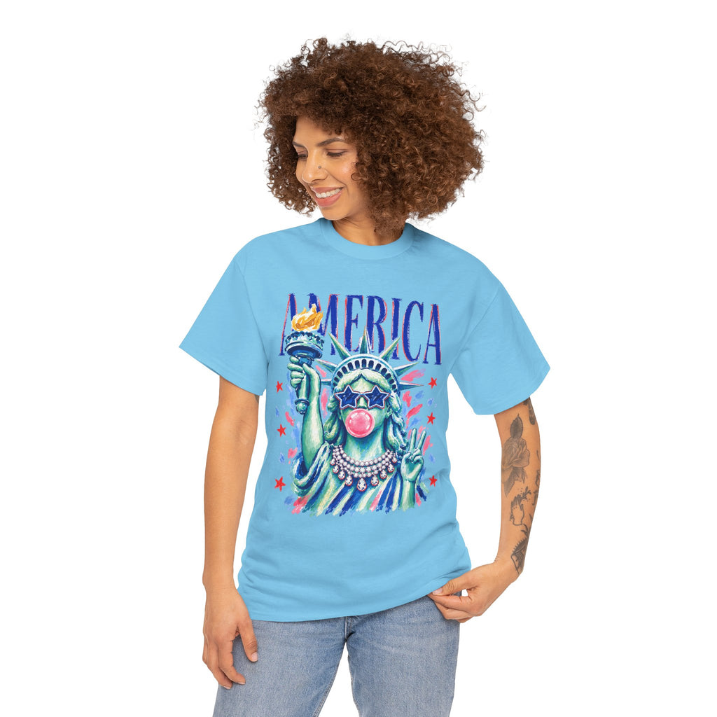 Statue of Liberty Bubblegum Tee — "America" Patriotic Graphic T-Shirt