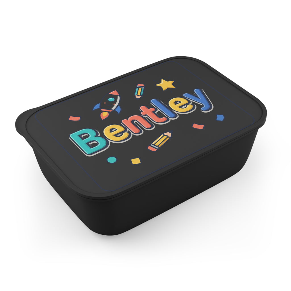 Kids' Personalized Bento Box with Utensils — Colorful Rocket & Pencil Name Design