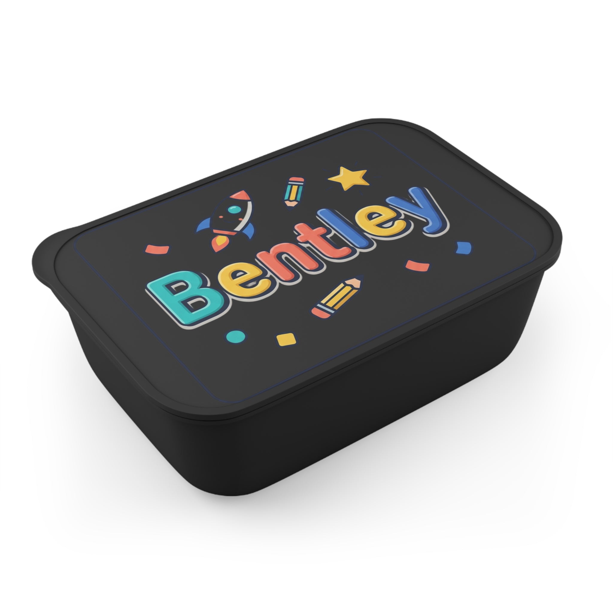 Kids' Personalized Bento Box with Utensils — Colorful Rocket & Pencil Name Design