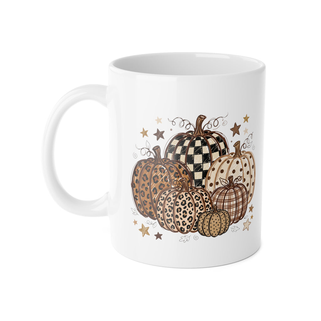 Autumn Pattern Pumpkin Mug — Fall Coffee Cup with Plaid & Leopard Pumpkins