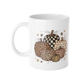 Autumn Pattern Pumpkin Mug — Fall Coffee Cup with Plaid & Leopard Pumpkins