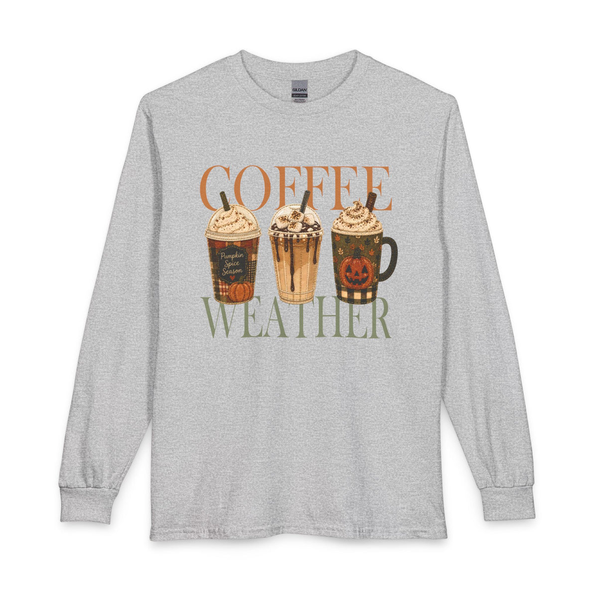 Coffee Weather Long Sleeve Tee — Fall Pumpkin Spice Coffee Design