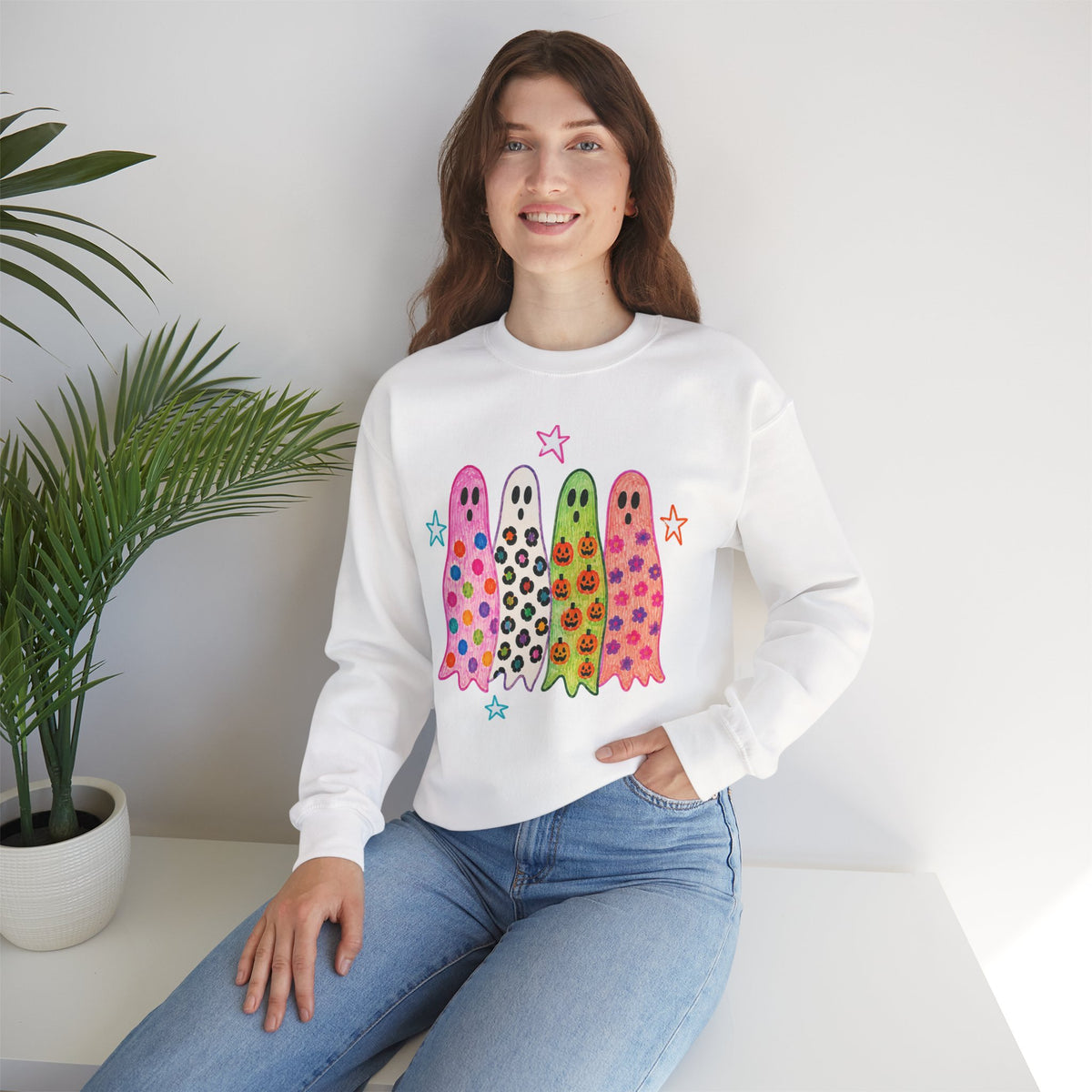Cute Colorful Ghosts Crewneck Sweatshirt — Psychedelic Halloween Pullover