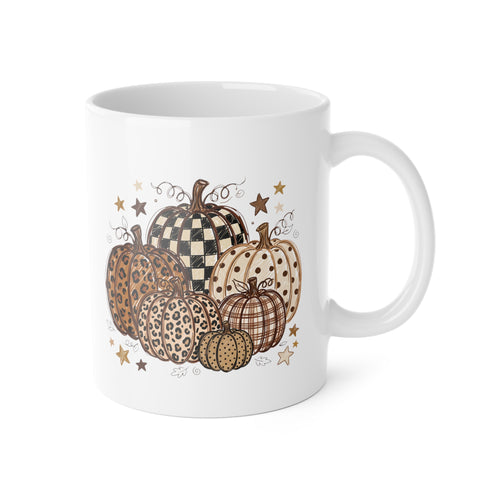 Autumn Pattern Pumpkin Mug — Fall Coffee Cup with Plaid & Leopard Pumpkins