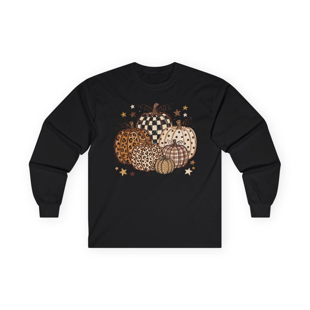 Leopard & Plaid Pumpkins Long Sleeve Tee — Fall Pumpkin Patch Graphic Shirt