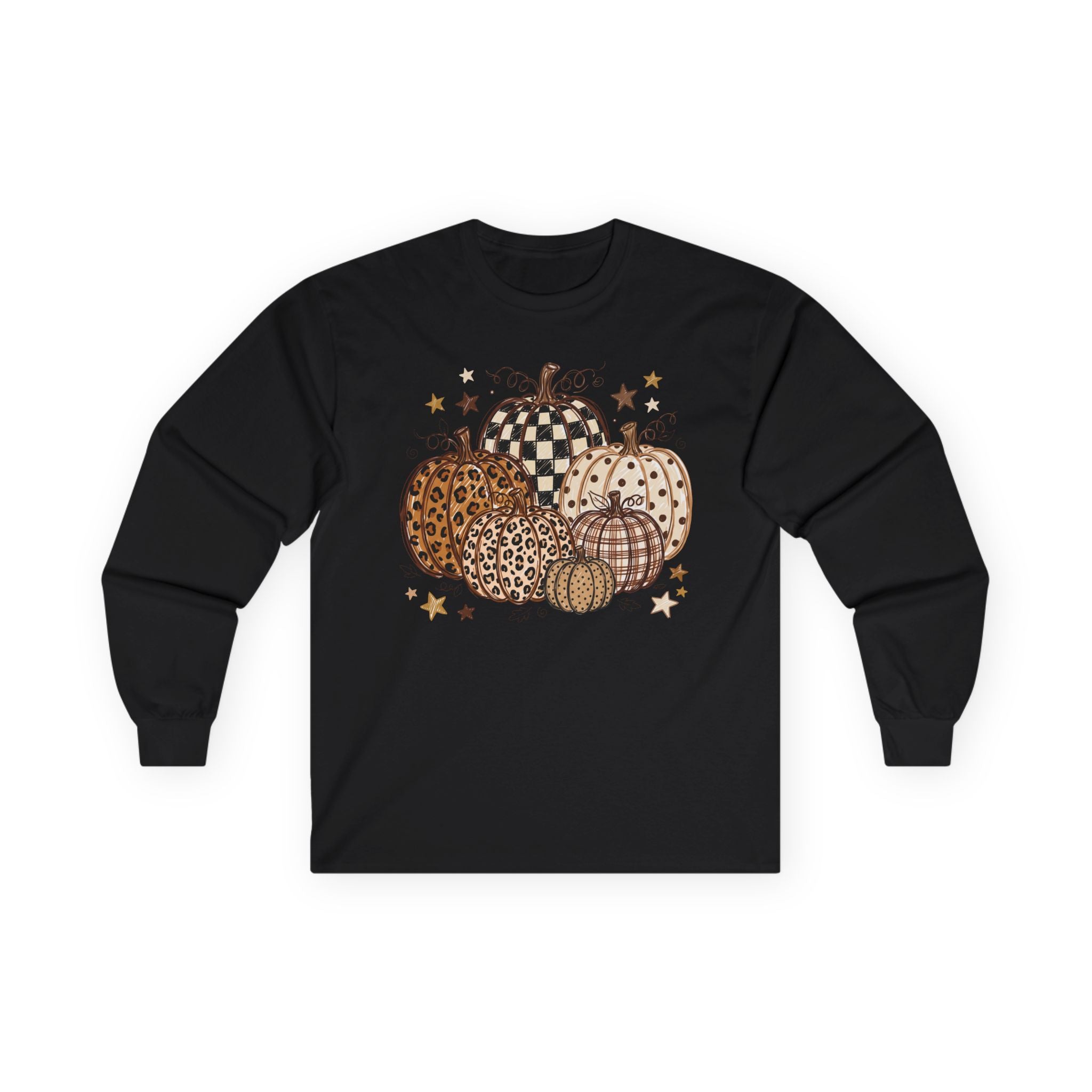 Leopard & Plaid Pumpkins Long Sleeve Tee — Fall Pumpkin Patch Graphic Shirt