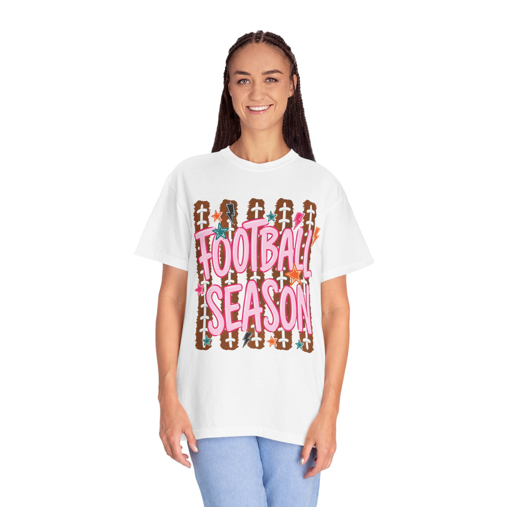 Football Season T-Shirt — Playful Pink Script on Football Field Graphic