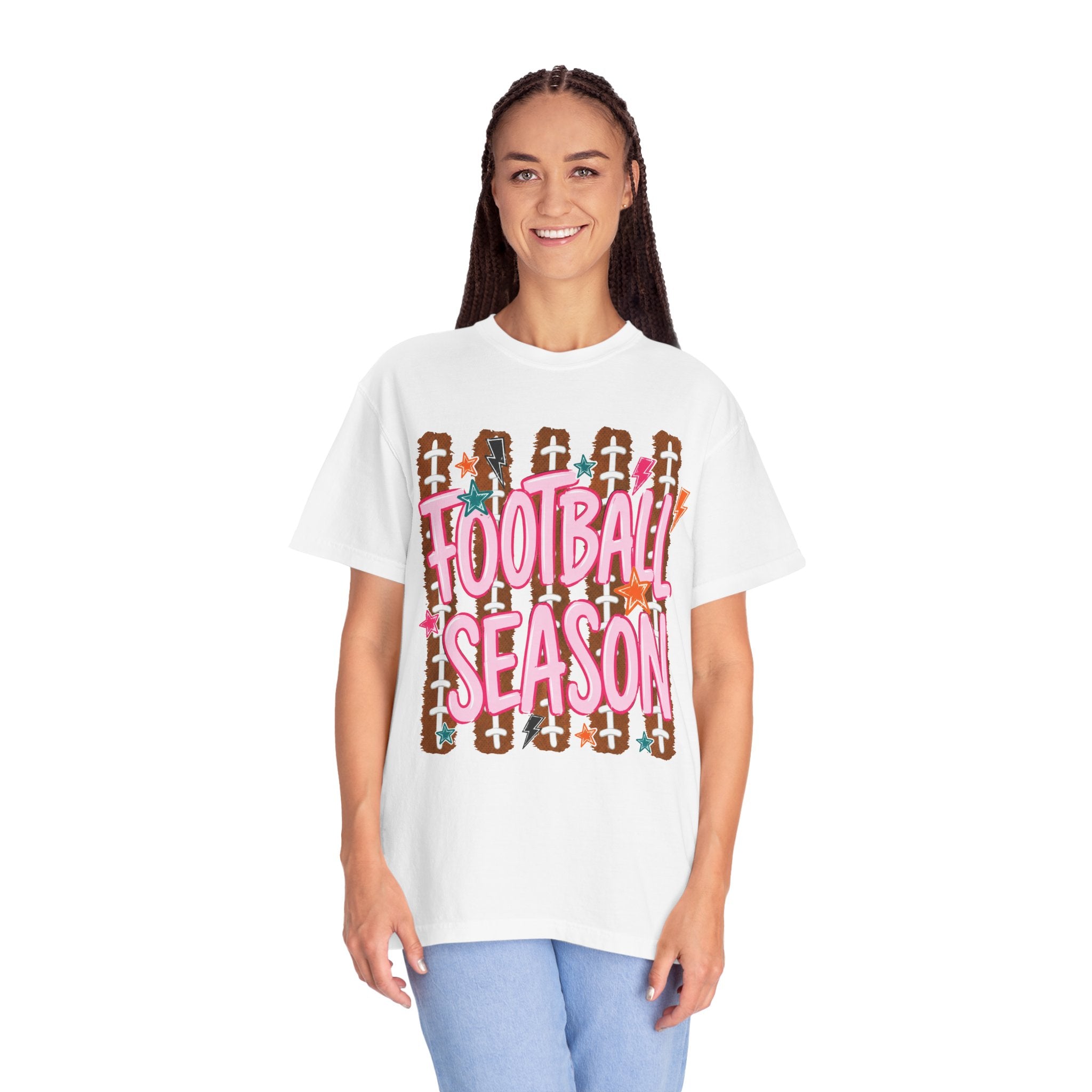 Football Season T-Shirt — Playful Pink Script on Football Field Graphic