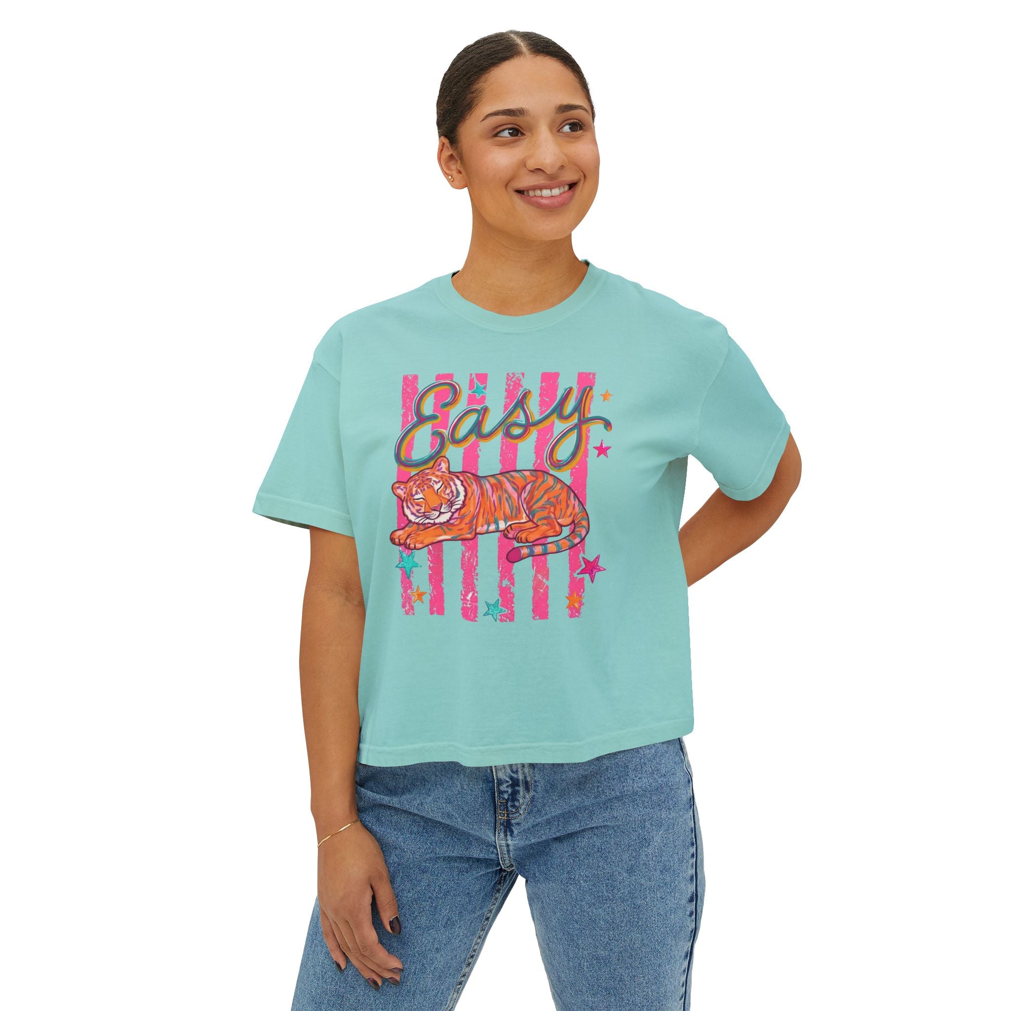 Easy Tiger Boxy Tee — Retro Striped Floral Tiger Graphic Women’s Shirt