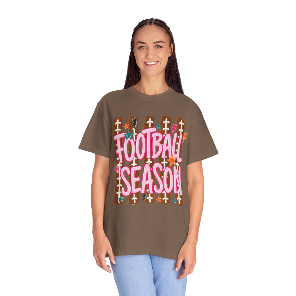 Football Season T-Shirt — Playful Pink Script on Football Field Graphic