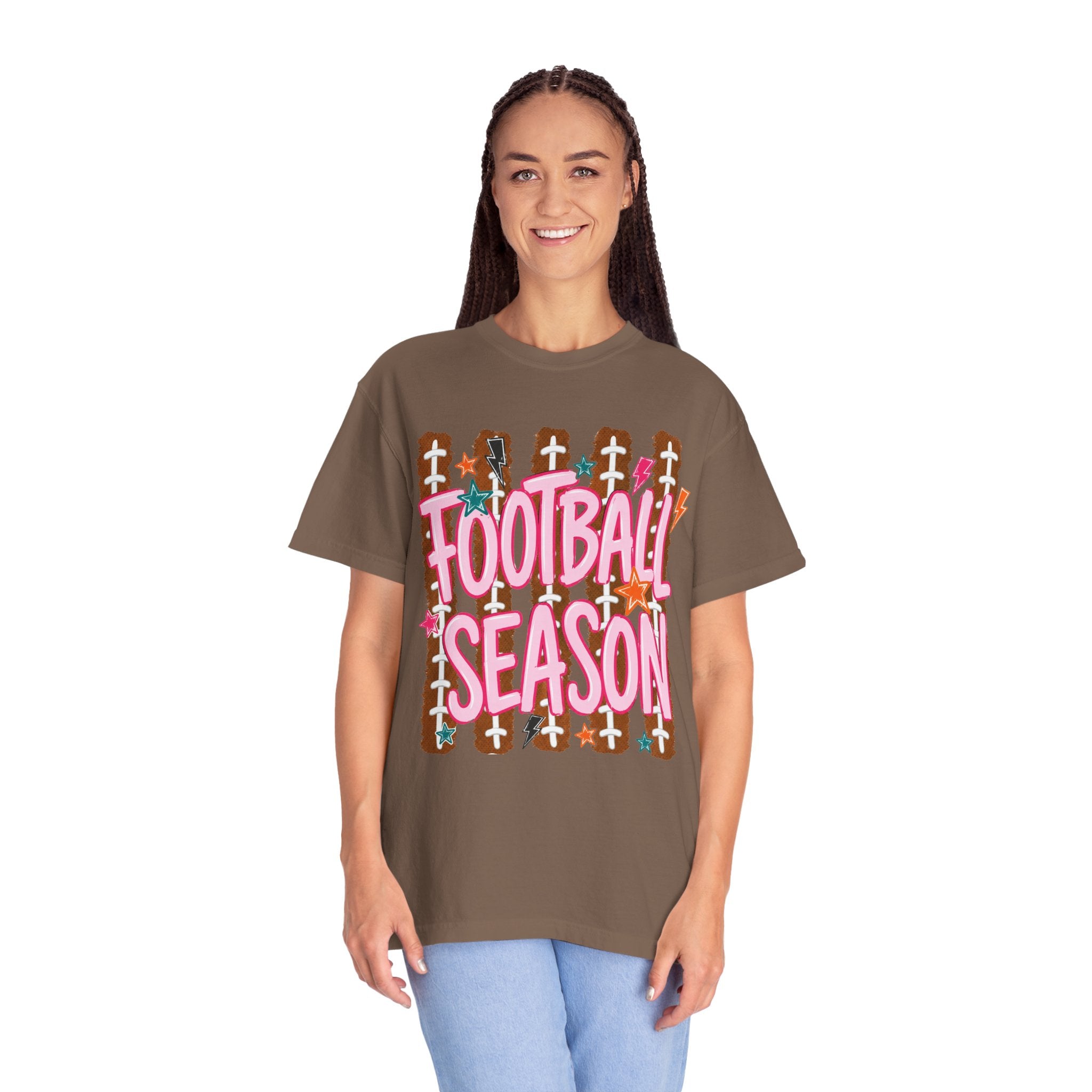 Football Season T-Shirt — Playful Pink Script on Football Field Graphic