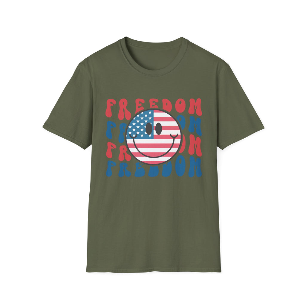 Freedom Smiley T-Shirt — American Flag Retro Graphic Tee for 4th of July