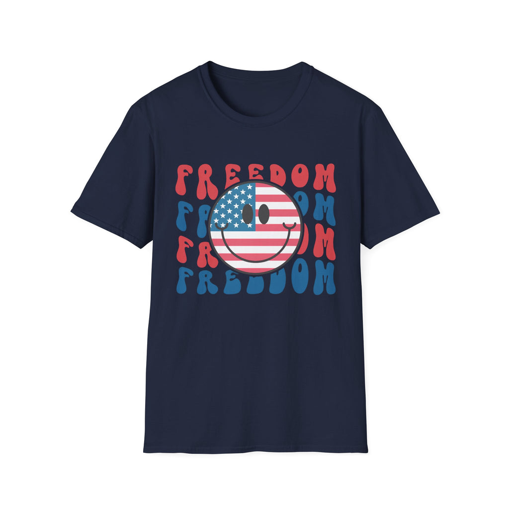 Freedom Smiley T-Shirt — American Flag Retro Graphic Tee for 4th of July
