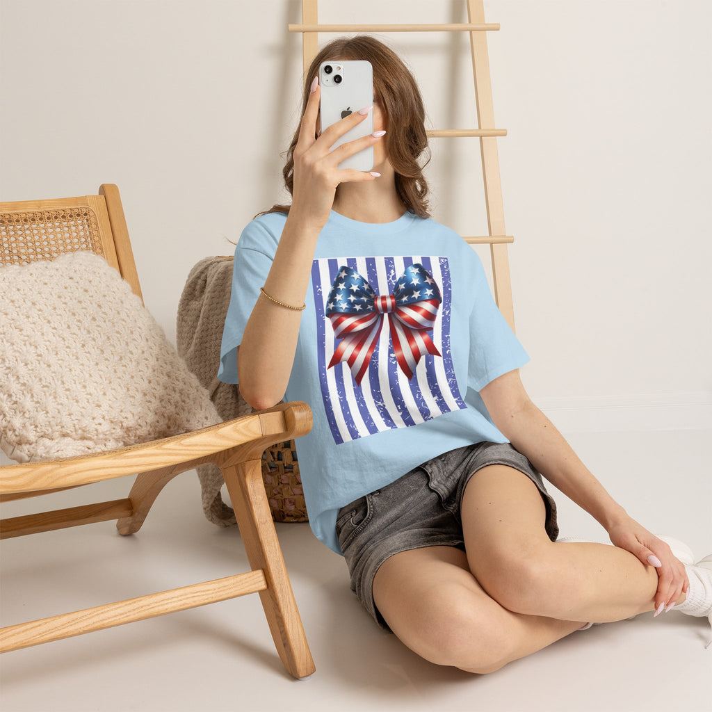 Patriotic American Flag Bow T-Shirt — 4th of July Independence Day Tee