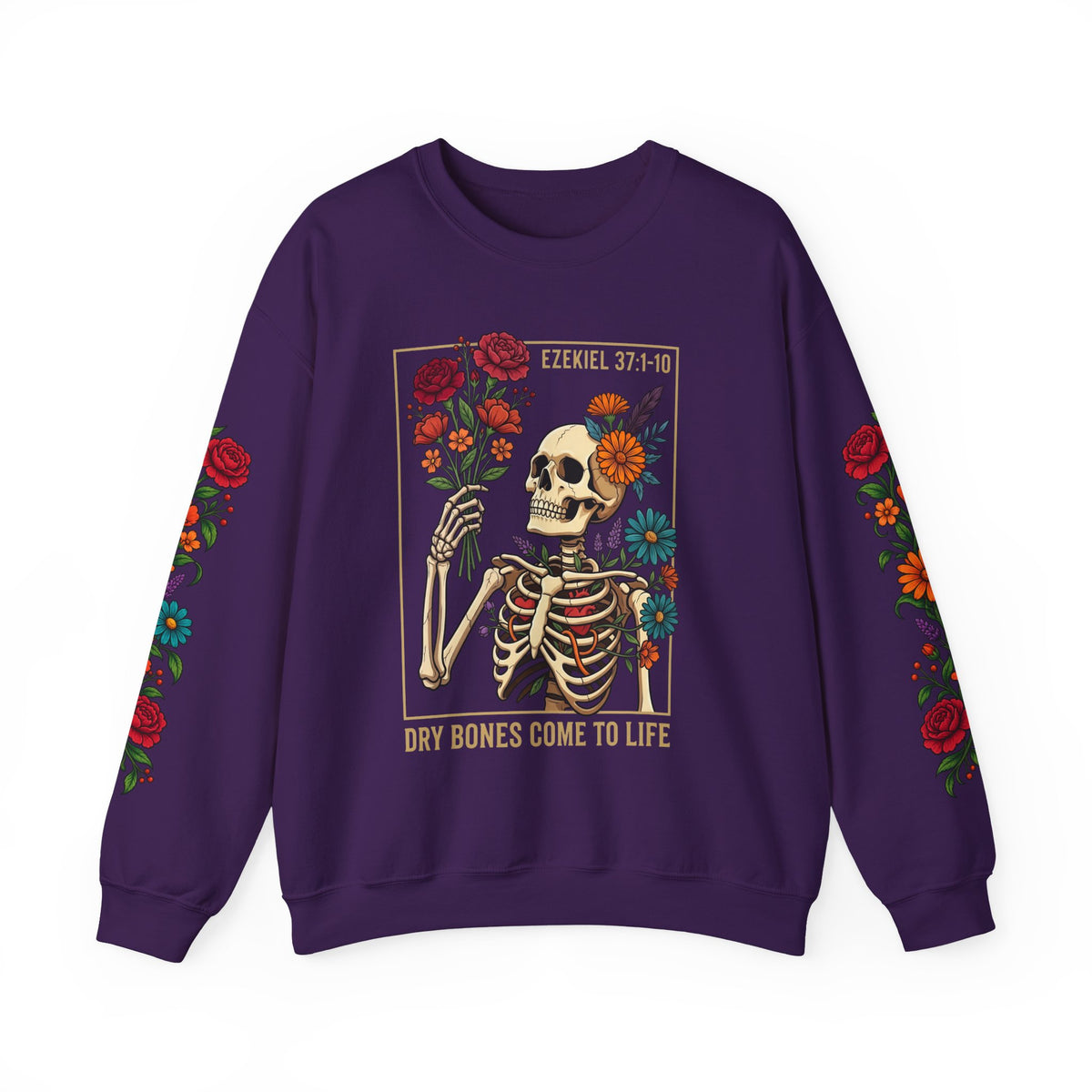 Dry Bones Come to Life Crewneck Sweatshirt — Ezekiel 37:1-10 Floral Skeleton Graphic