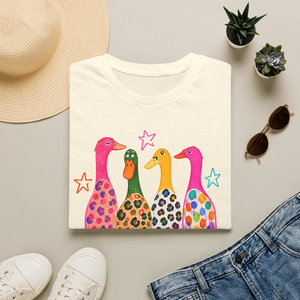 Colorful Patterned Ducks T-Shirt — Whimsical Rainbow Duck Graphic Tee