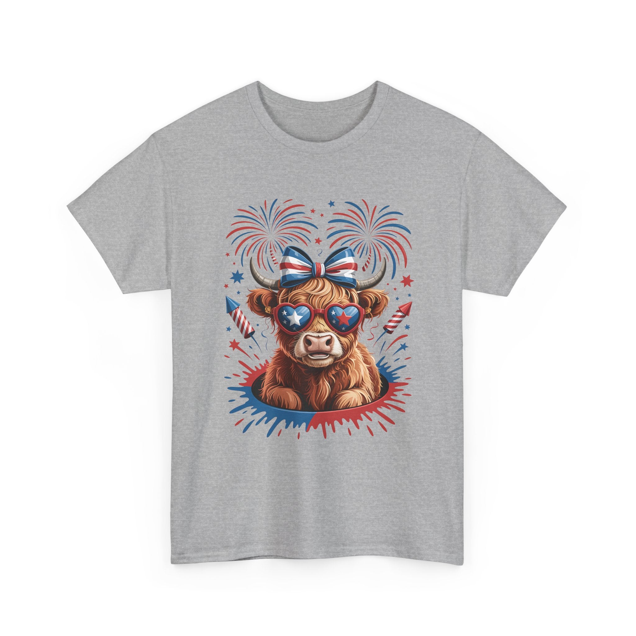 Cow with Sunglasses Patriotic T-Shirt — 4th of July Fireworks Tee