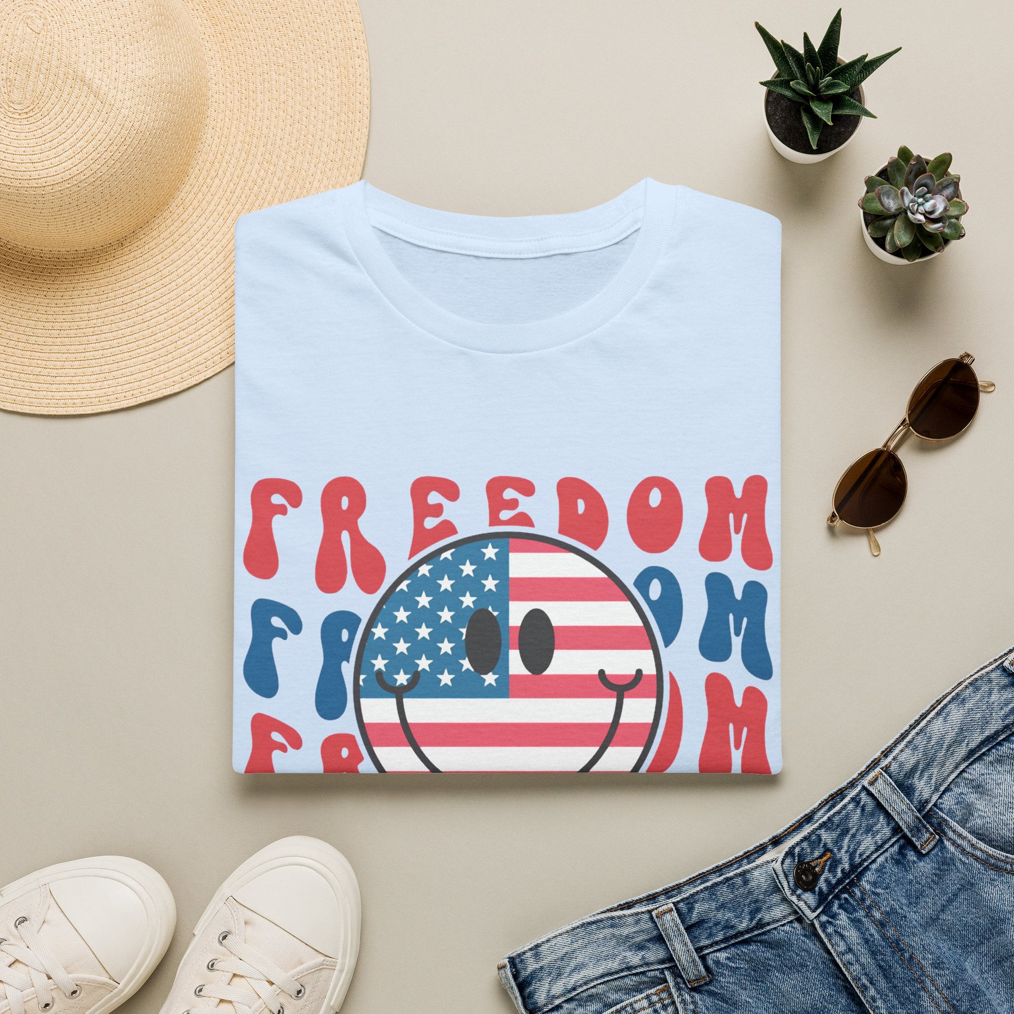 Freedom Smiley T-Shirt — American Flag Retro Graphic Tee for 4th of July