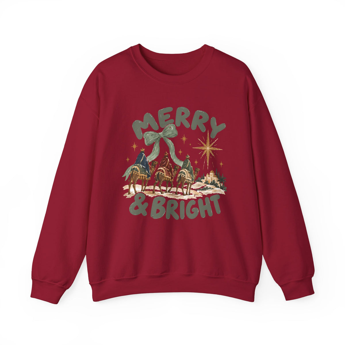 Merry & Bright Crewneck Sweatshirt — Vintage Camel Nativity Holiday Pullover