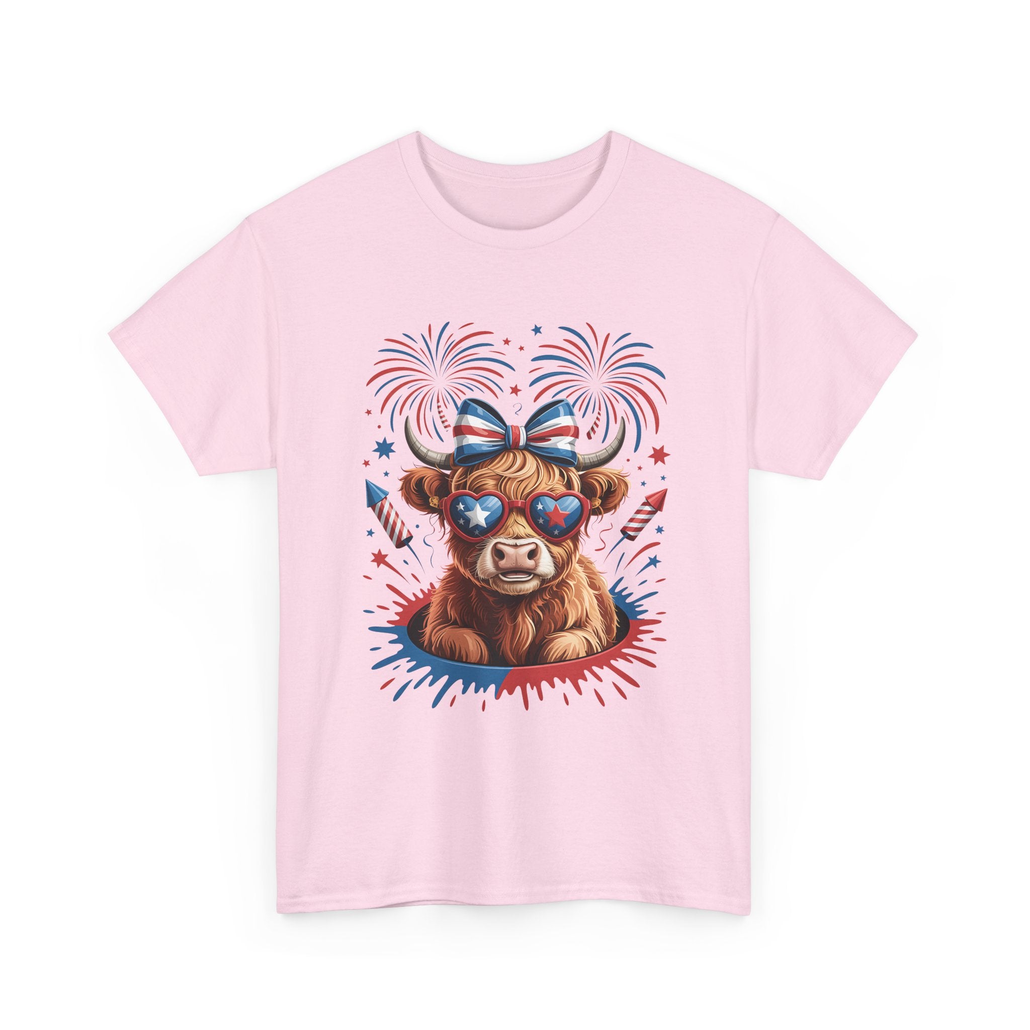 Cow with Sunglasses Patriotic T-Shirt — 4th of July Fireworks Tee
