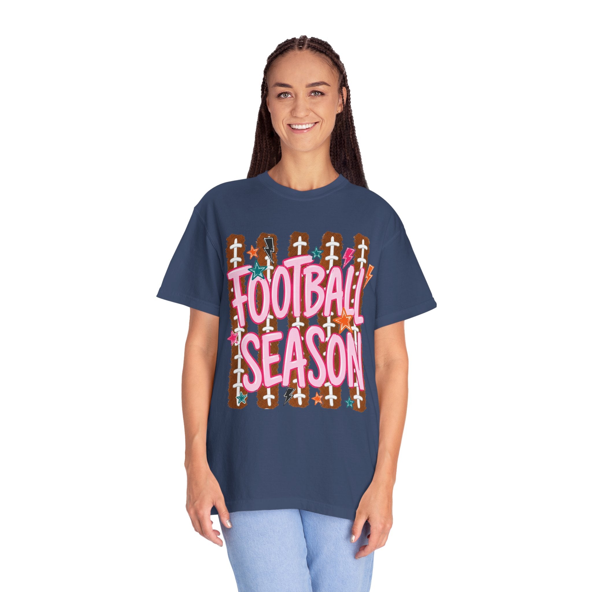 Football Season T-Shirt — Playful Pink Script on Football Field Graphic