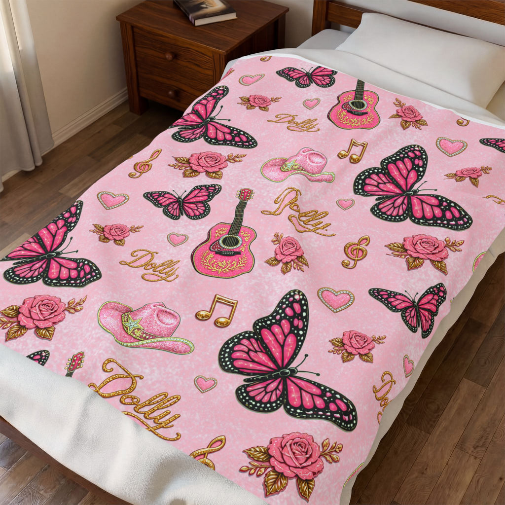 Dolly Butterfly & Guitar Velveteen Plush Blanket