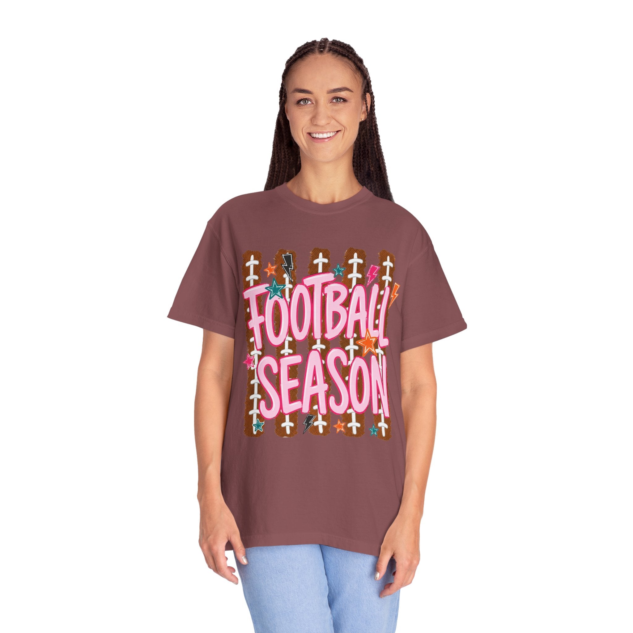 Football Season T-Shirt — Playful Pink Script on Football Field Graphic