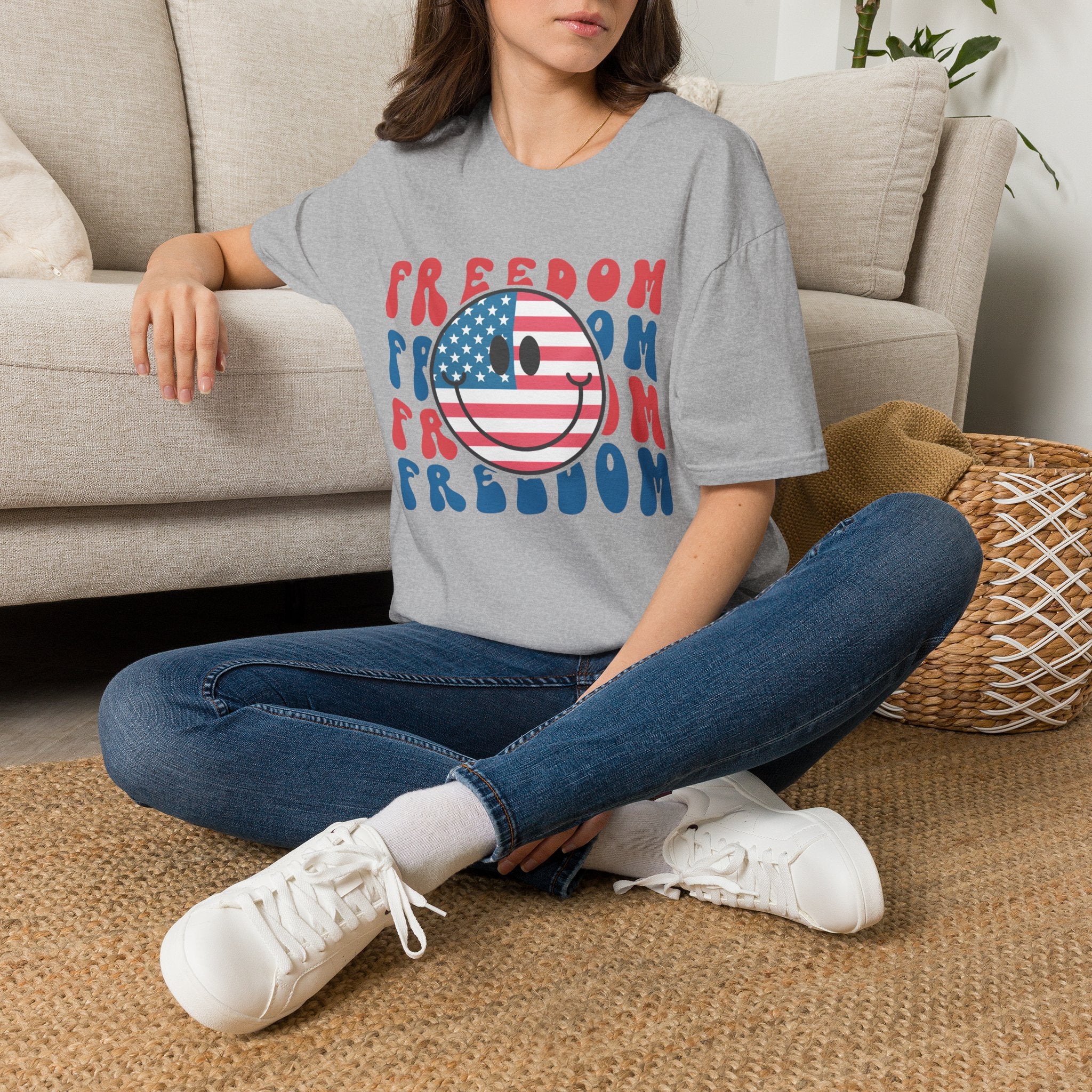 Freedom Smiley T-Shirt — American Flag Retro Graphic Tee for 4th of July