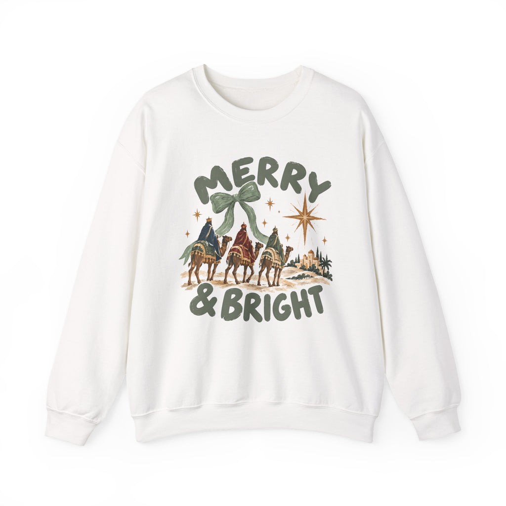 Merry & Bright Crewneck Sweatshirt — Vintage Camel Nativity Holiday Pullover