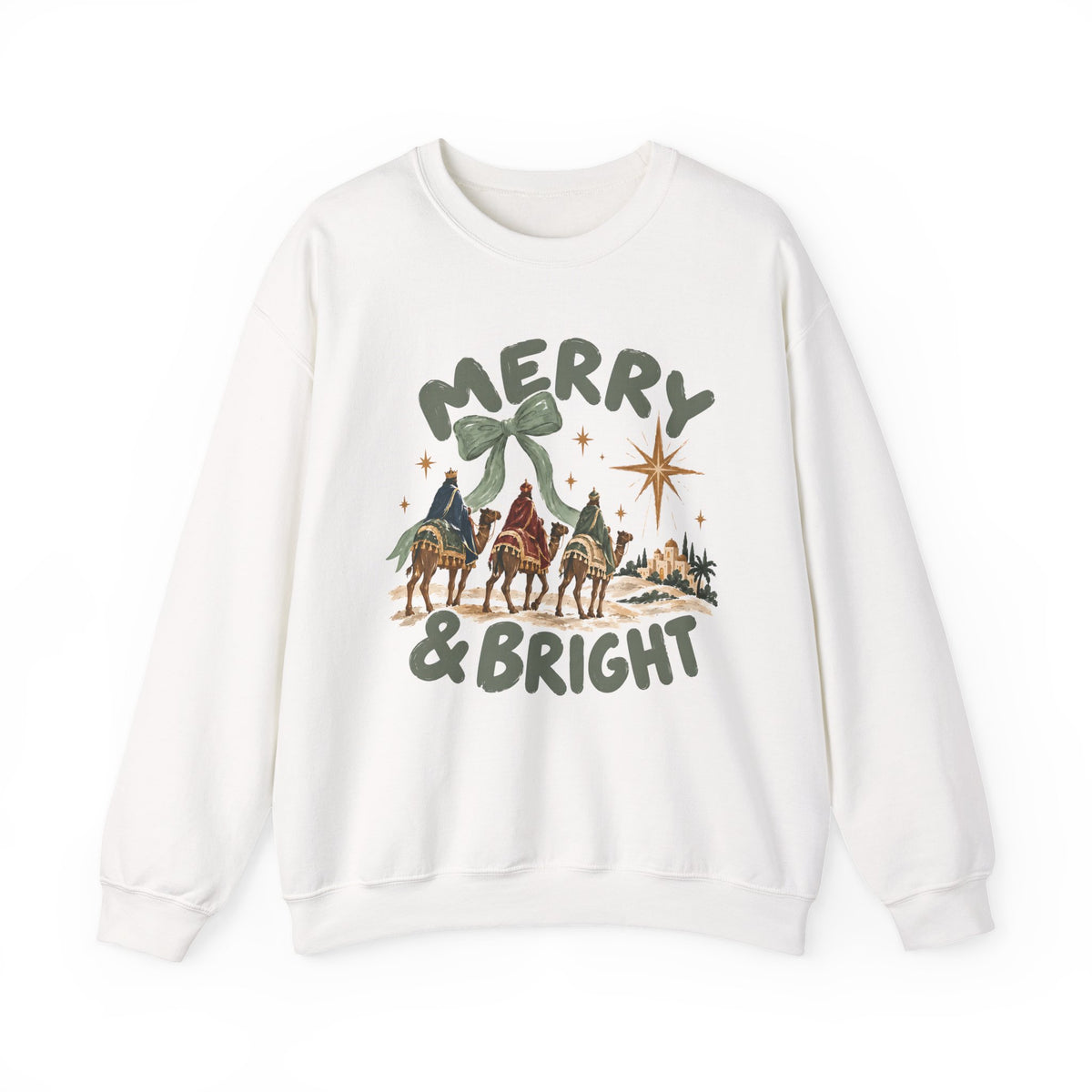 Merry & Bright Crewneck Sweatshirt — Vintage Camel Nativity Holiday Pullover
