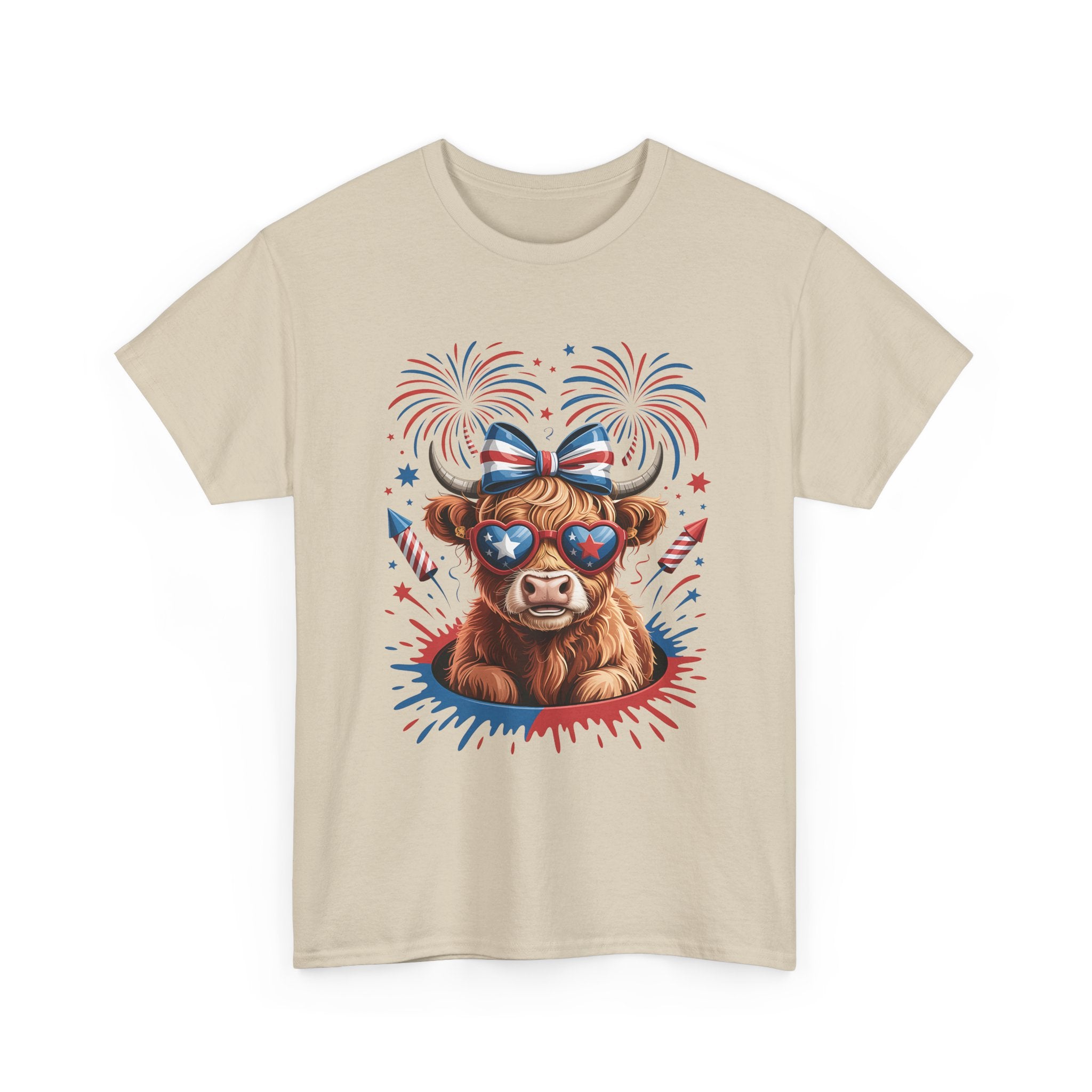 Cow with Sunglasses Patriotic T-Shirt — 4th of July Fireworks Tee