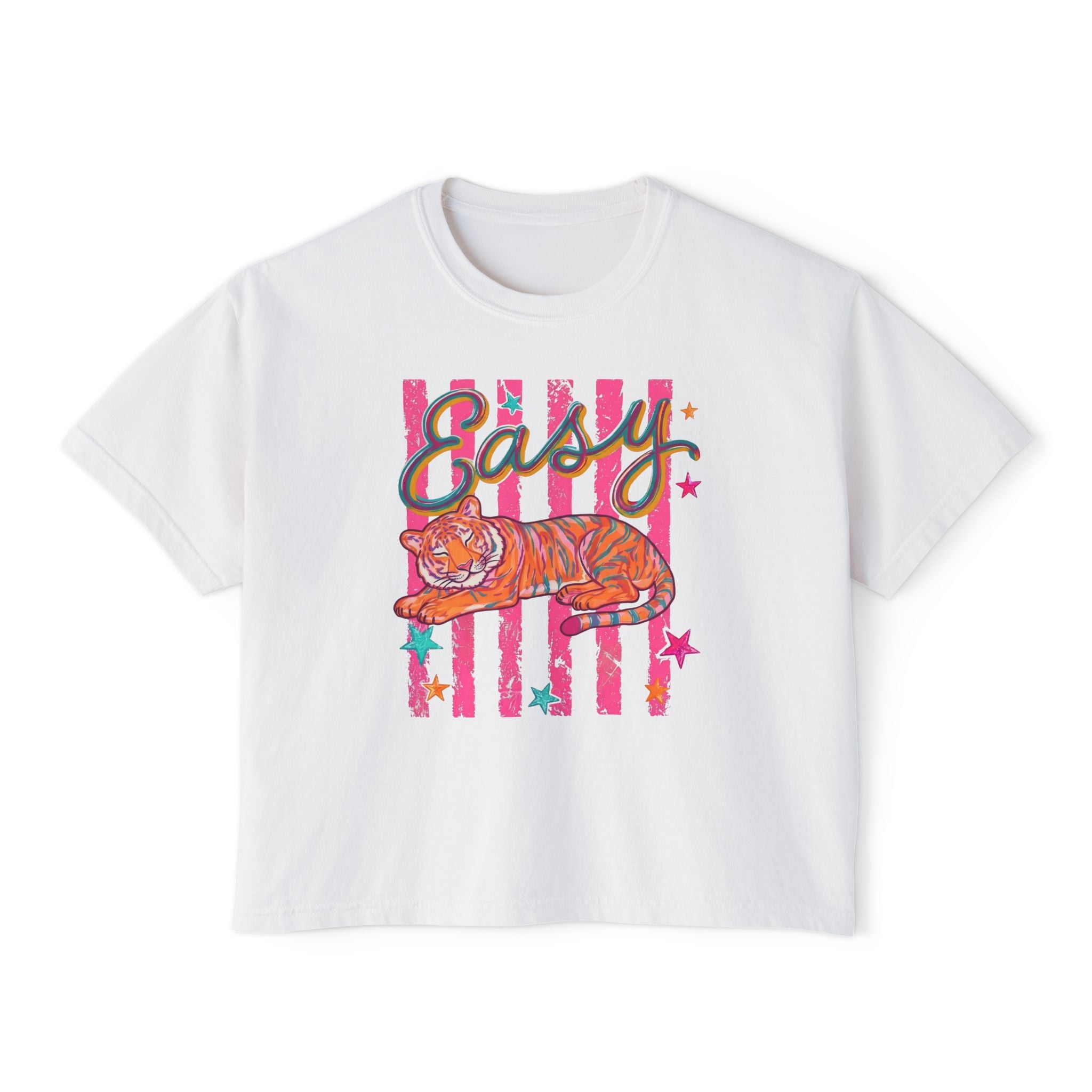 Easy Tiger Boxy Tee — Retro Striped Floral Tiger Graphic Women’s Shirt