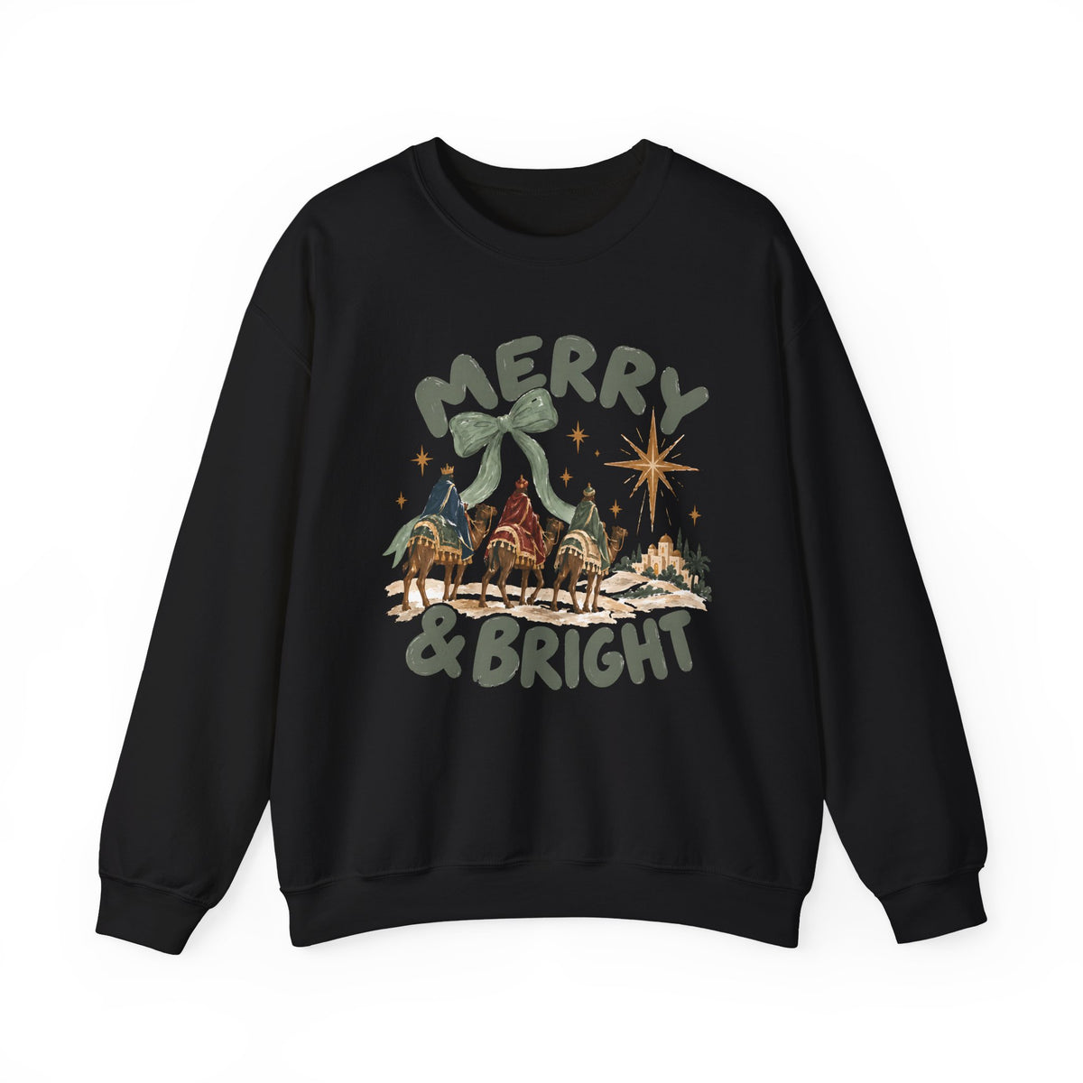 Merry & Bright Crewneck Sweatshirt — Vintage Camel Nativity Holiday Pullover
