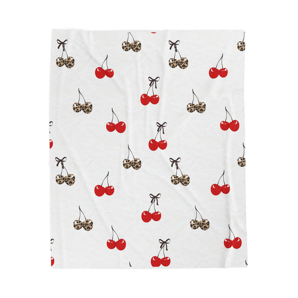 Cherry Pattern Velveteen Plush Blanket — Red & Leopard Cherries, Cozy Throw for Bedroom or Gift