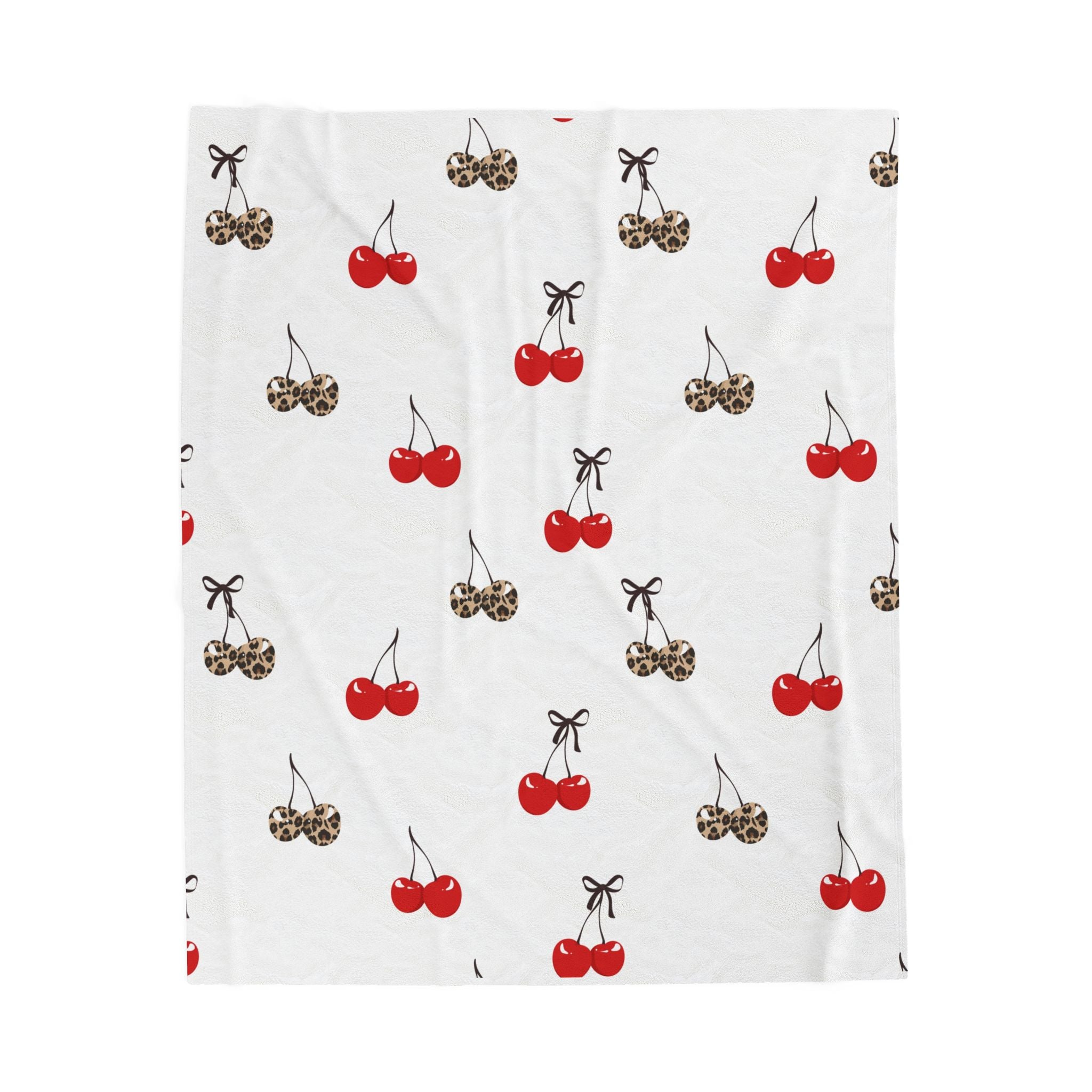 Cherry Pattern Velveteen Plush Blanket — Red & Leopard Cherries, Cozy Throw for Bedroom or Gift