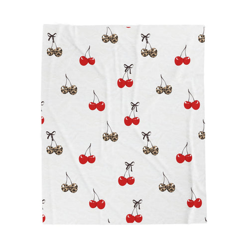 Cherry Pattern Velveteen Plush Blanket — Red & Leopard Cherries, Cozy Throw for Bedroom or Gift